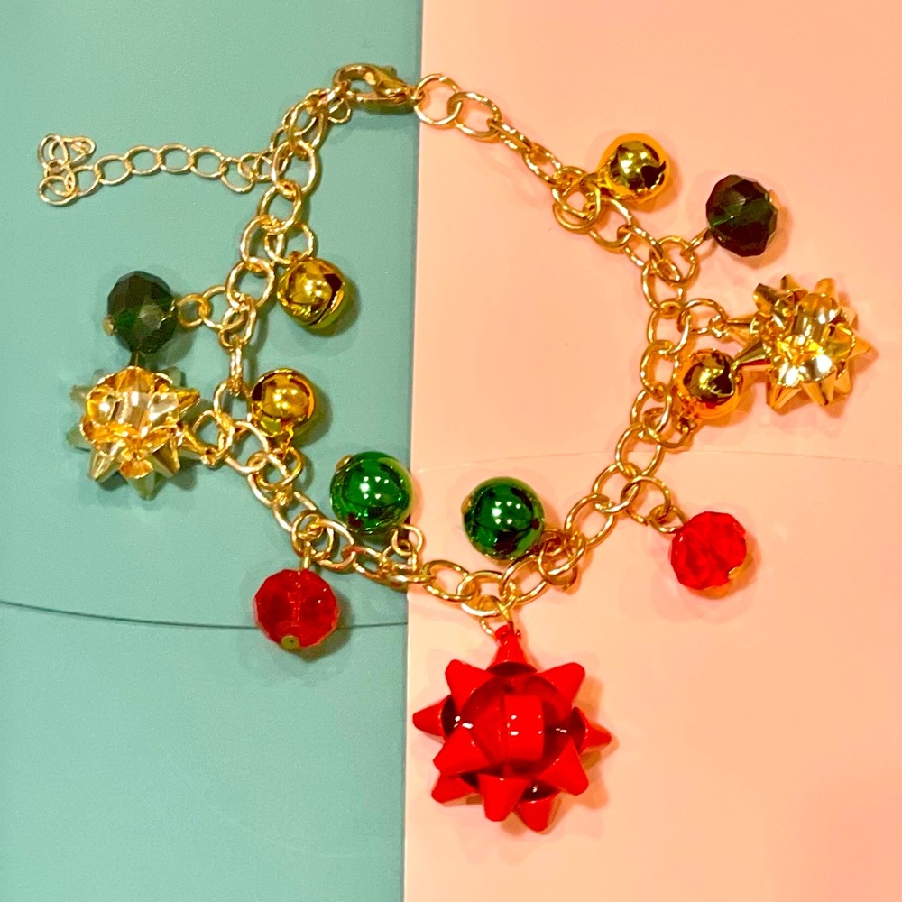 Vintage Chrismtas Gift wrap Bow & Bell Charm Necklace Bracelet Drop Earrings Set - Picture 7 of 7